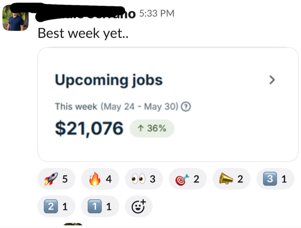 Upcoming jobs dashboard showing $21,076 booked in one week