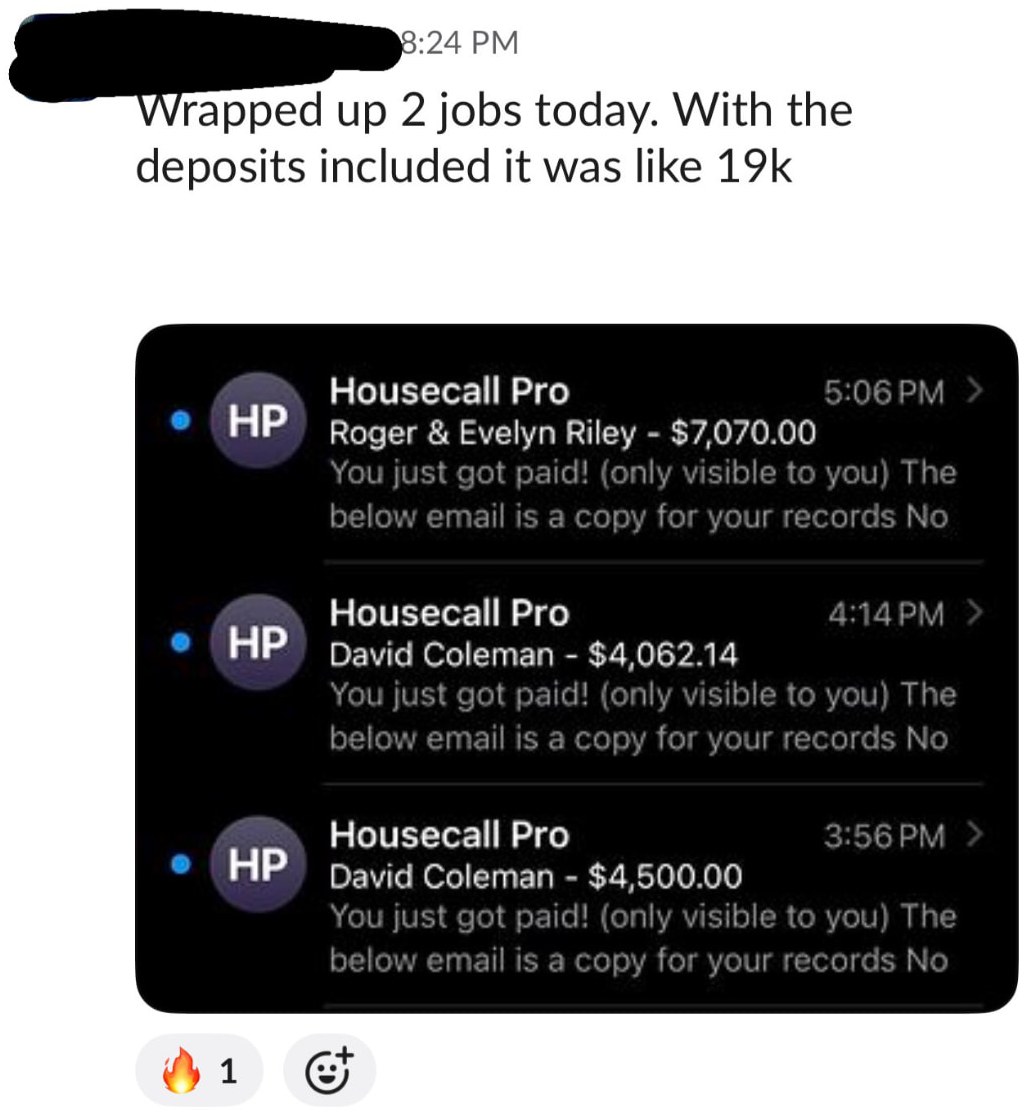 Three Housecall Pro payment notifications totaling about $19,000 in one day