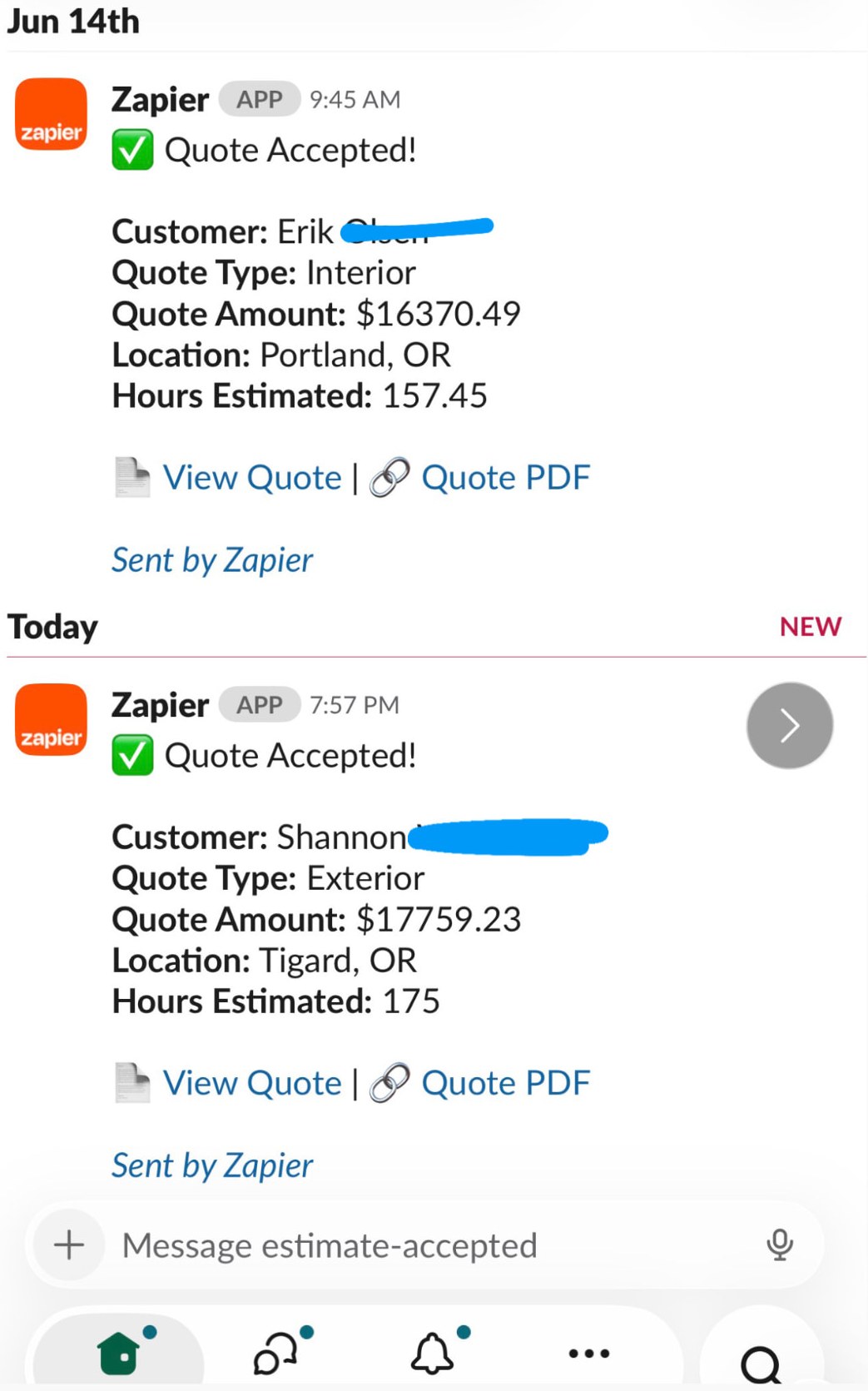 Two accepted quote notifications for $16,370 interior and $17,759 exterior jobs