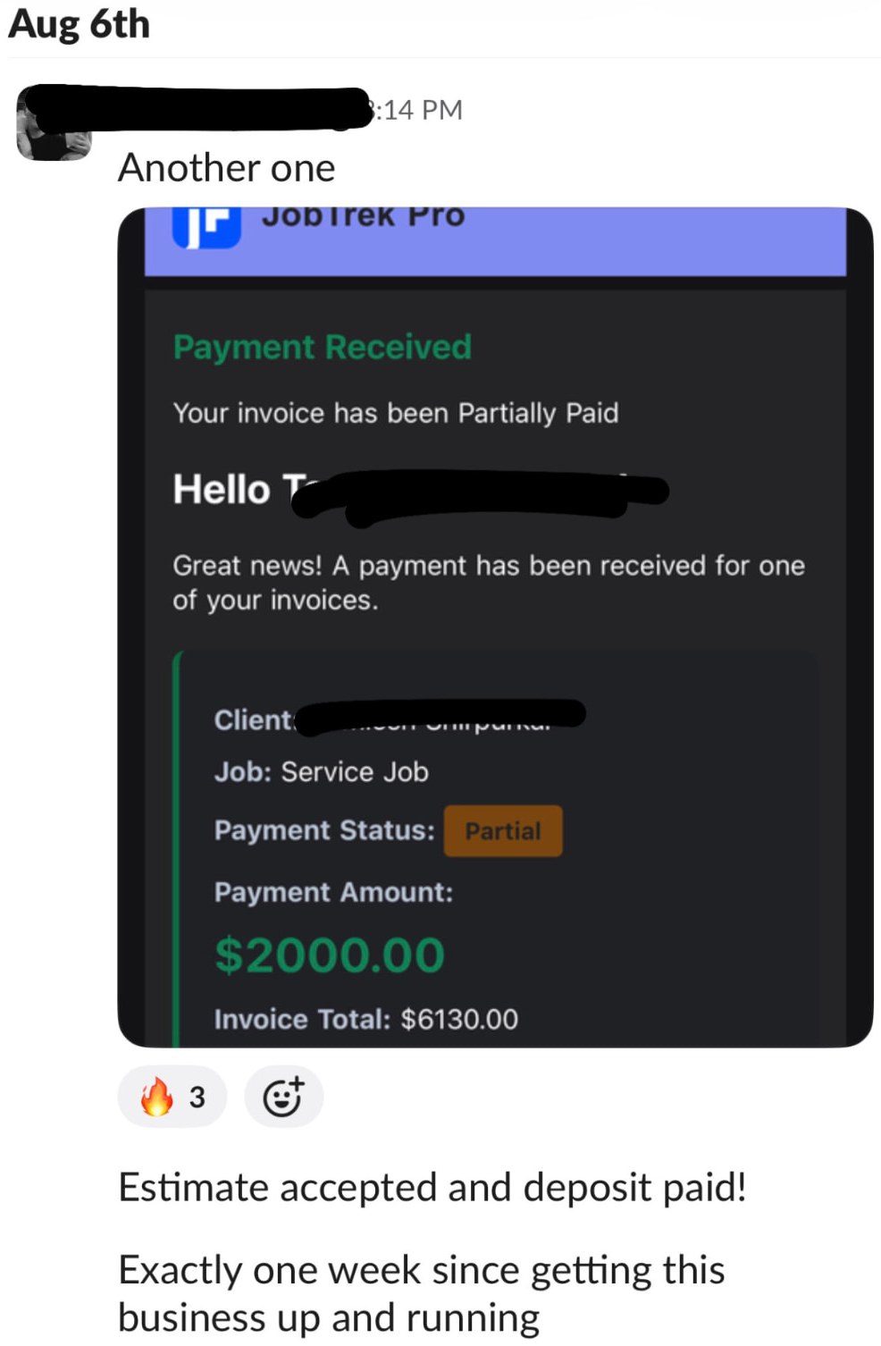 Payment received notification for a $2,000 deposit on a $6,130 invoice